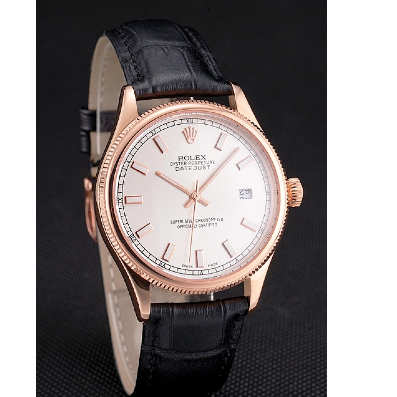 AAA Replica Watches Rose Dial White Leather Case Black Strap Swiss Gold Rolex Datejust 0709